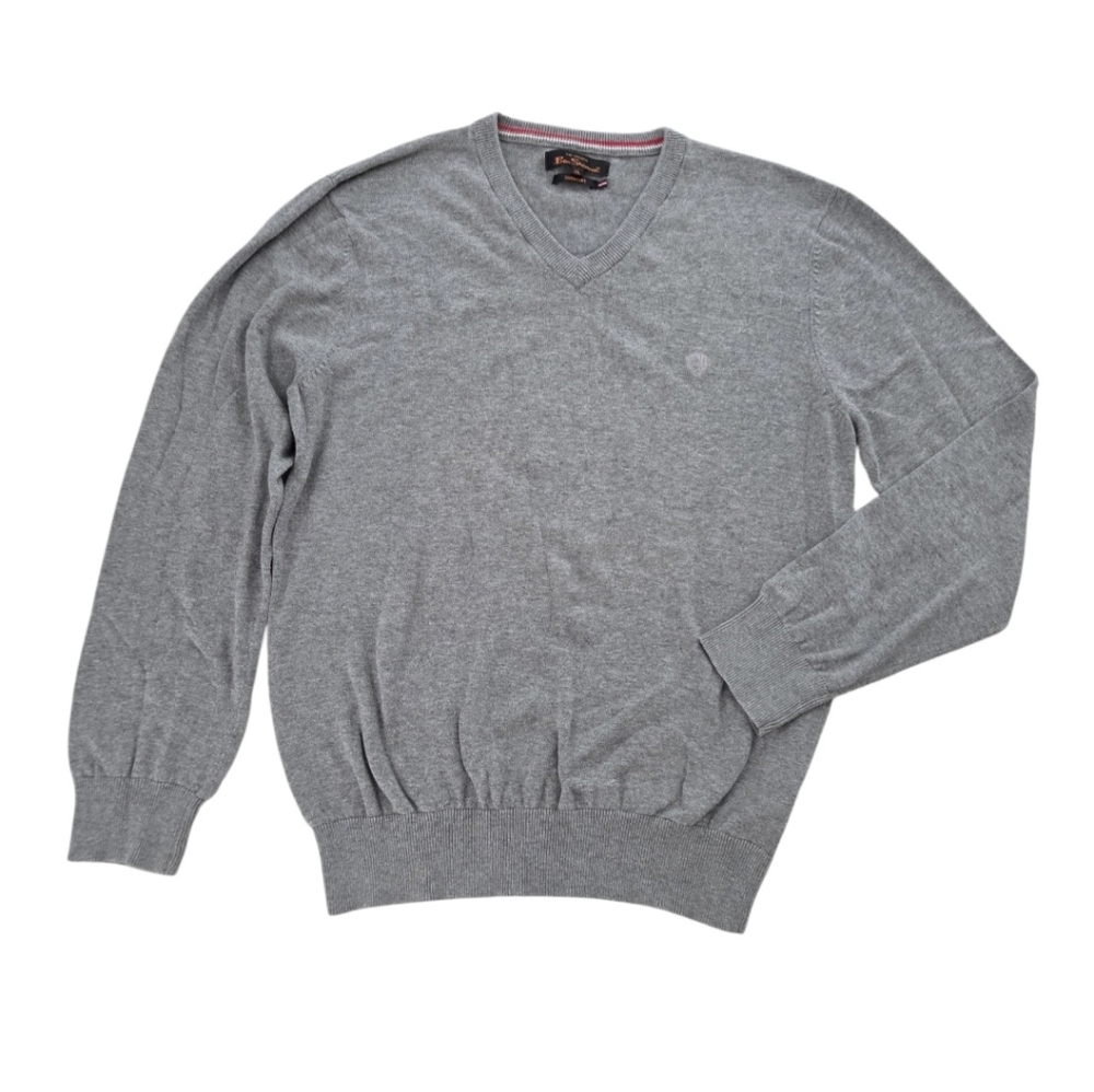 Ben Sherman Men’s XL V-neck Knit Sweater Grey 100% Cotton Preppy Casual Business